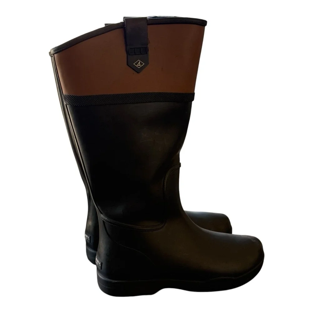 Sperry Women's Waterproof Rubber Rain Boots Black Brown Pull On Tall Size 7